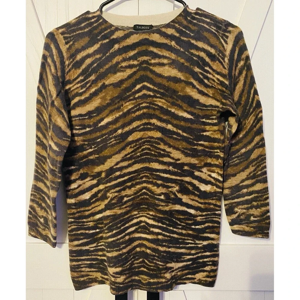 Talbots Sweater Womens Size S Small Animal Print Zebra 100% Cashmere Brown black